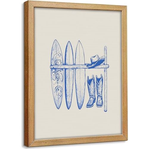 MBFKVFE Coastal Cowgirl Wall Art, Western Nautical Surfboard and Boots Canvas Print, Vintage Blue Illustration Wall Decor for Living Room Bedroom Bathroom, 12x16/16x24 Inch