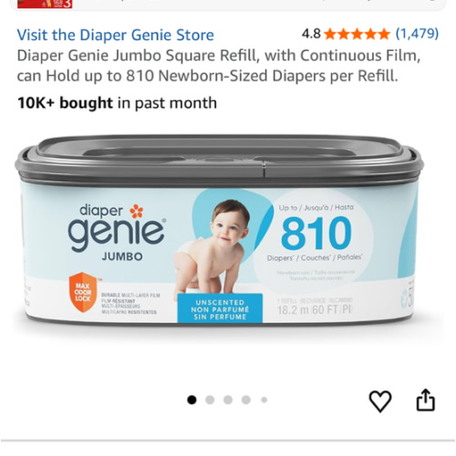 Diaper Genie Jumbo Square Refill, with Continuous Film, can Hold up to 810 Newborn-Sized Diapers per Refill.