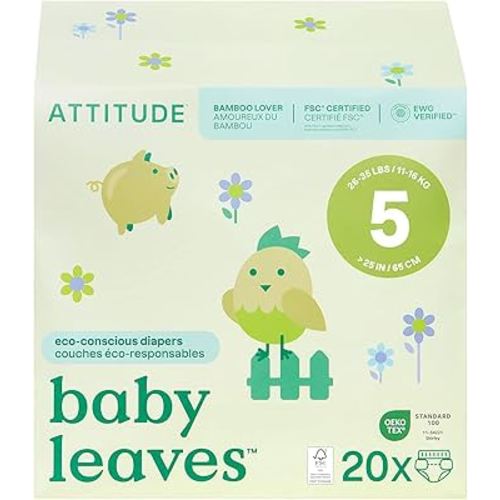 ATTITUDE Eco-Conscious Disposable Diapers, EWG Verified, Size 5 (26-35 lbs), Ultra Absorbent for Baby, Vegan & Plant-Based, 20 Count