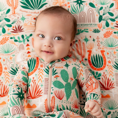 Bamboo Footie Zipper Baby Pajama - Desert Cactus Beige Bamboo Onesie Sleeper - Mama I Wished for You Affirmation – Raising Mama