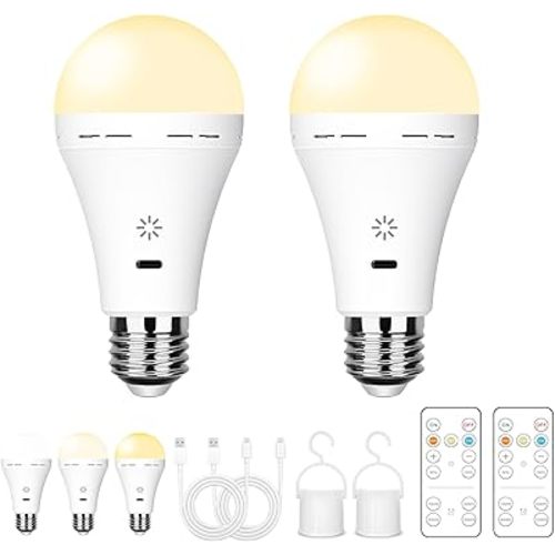 E26 Rechargeable Light Bulbs with Remote Control, 2600mAh Battery Operated Light Bulb with Hook, 3000K-6500K,40W Equivalent, 3 Timer, for Sconces Lamps Without Power, Camping, Emergency 2 Pack