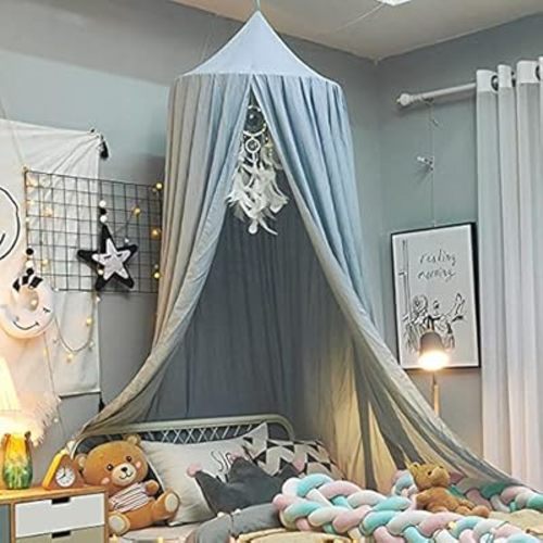 Bed Canopy for Kids, Round Dome Kids Mosquito Net Indoor Outdoor Castle Hanging House Decoration Reading Nook Kids Playing Home Decoration(Ashy Blue)