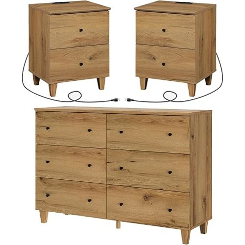 WAMPAT Dresser and Nightstands Set of 3, 47.2 Inches Wood Dresser with 6 Drawers, 2 Pieces Nightstands with Drawers and Charging Stations, Bedroom Furniture Set, Oak Brown
