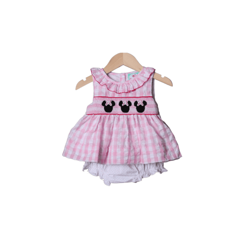 Smocked Mouse Pink Gingham Seersucker Bloomer Set