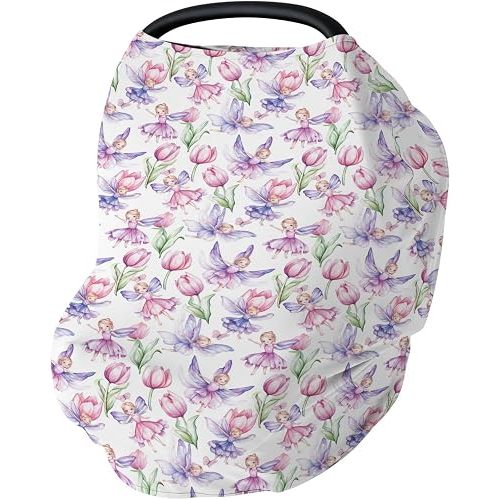 Cute Fairies Flower Meadow Garden Purple Car Seat Cover for Babies Fantasy Forest Stretchy 5-in-1 Cover Adjustable Infant Carseat Canopy Cover Whimsical Breathable Nursing Cover-Up