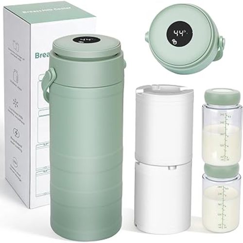 Portable Breast Milk Cooler for Outdoors & Work, 360° Total Cooling Keeps Milk Fresh for 24 Hours, 19oz Large Capacity Travel Breastmilk Chiller with Temp Display & 2pcs Bottle for Breastmilk Storage