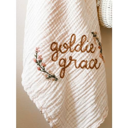 Personalized Hand Embroidered Baby Swaddle Blanket with Name and Floral Spray - Cotton Muslin