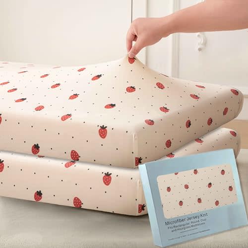 SDY Jersey Strawberry Crib Sheets for Baby Girls,52”x28”x8, 2 Pack,Pink Cute Kawaii Standard Oval/Retangle Fitted Crib Sheets for Toddler,Super Soft Breathable