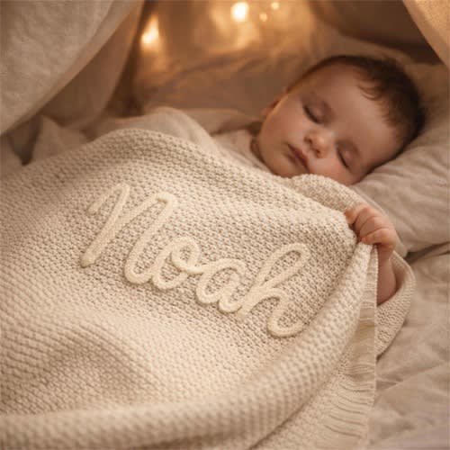 Personalized Name Baby Blanket, Hand Embroidered Organic Cotton Blanket, Nursery Keepsake Newborn Gift