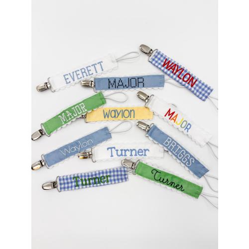 Custom Embroidered Pacifier Clip, Personalized Name or Monogram, Newborn Baby Boy Baby Shower Gift
