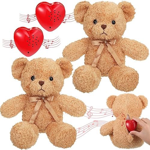 2 Pcs Bear Stuffed Animals with Voice Recorder Set, 60 Seconds Voice Sound Recorder Module 16 Inch Soft Plush Bear Cute Stuffed Bear with Zipper Sound Box Recordable Heart for Boys Girls (Light Brown)