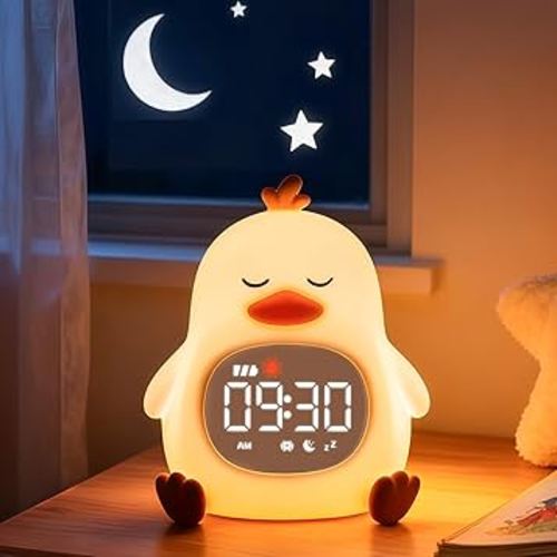 Sleepy Duck Alarm Clock with Night Light for Kids with Sleep Training and Sound Machine, Rechargeable Silicone Lamp OK to Wake Clock,Cute Animal Tabletop Lamp, Perfect Sleep Companion for Boys Girls