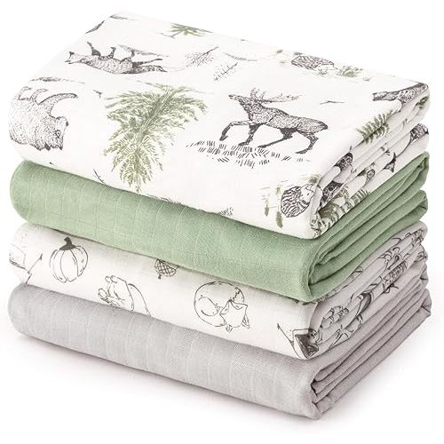david's kids Muslin Swaddle Blankets, 4 Pack Organic Cotton Baby Blankets, Breathable Soft Receiving Blanket for Boys Girls, Newborn Essentials, Large 47 x 47 inches, Animal & Forest
