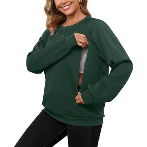 DEBELLY Nursing Friendly Sweatshirt for Breastfeeding Women Dual Zippers Nursing Top Long Sleeve Crew Neck Casual Wear