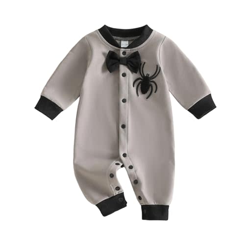 Newborn Baby Boy Halloween Outfit Long Sleeve Spooky Spider Bowtie Jumpsuit | Baby Boy Halloween Costume, Long Sleeve Spide Romper, Snap Crotch, Toddler Gothic Clothes, For Halloween Party & Photoshoot