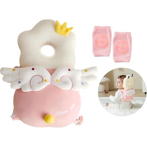 Baby Head Protector, Baby Fall Back Head Protector, Adjustable Baby Head Protection Backpack with Baby Knee Pads for Crawling, Safety Baby Head Protector, Baby Walking Harness (Angel Baby)