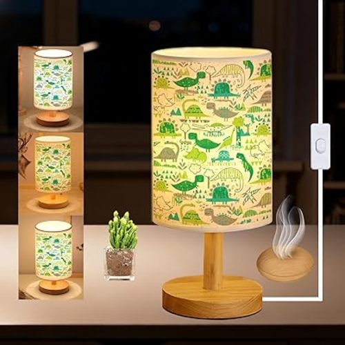 Dinosaur Kids Bedside Table Lamp for Bedroom, 3 Colors Nightstand Light Lamp with Wood Base Round Flaxen Fabric Shade Desk Reading Lamp for Girls Boys Room Decor, Dinosaur Nursery Stuff Boys Gifts