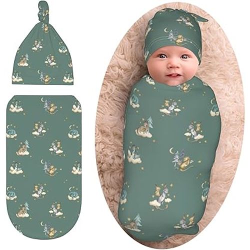 Cute Dragon Print Baby Swaddle Blanket with Beanie Set, Soft Cloud Moon Star Swaddle Sack Newborn Sleeping Sacks for Girls Boys