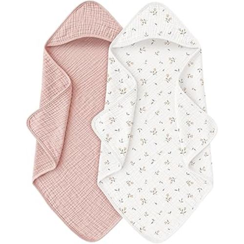 Muslin Baby Towels with Hood for Newborn 100% Cotton Baby Bath Towels Soft & Absorbent Hooded Baby Towel for Boys and Girls, Large Size - 32 * 32 Inches