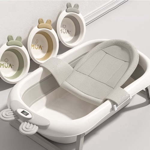 Puedo Enlarged Collapsible Baby Bathtub for Infants to Toddler, with Thermometer, 3 Wash Basin and Bathing Net Cushion