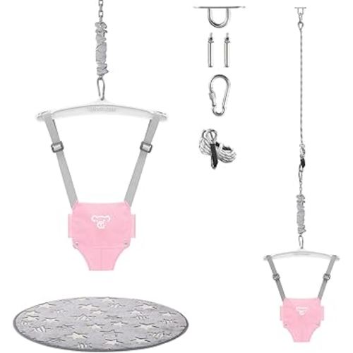 Baby Jumper with a Ceiling Hook for Infant & Toddlers, Kids Door Jumper with Adjustable Chain, Protable Baby Jumpers and Bouncers for Indoor/Outdoor, Baby Doorway Jumper with Soft Rug