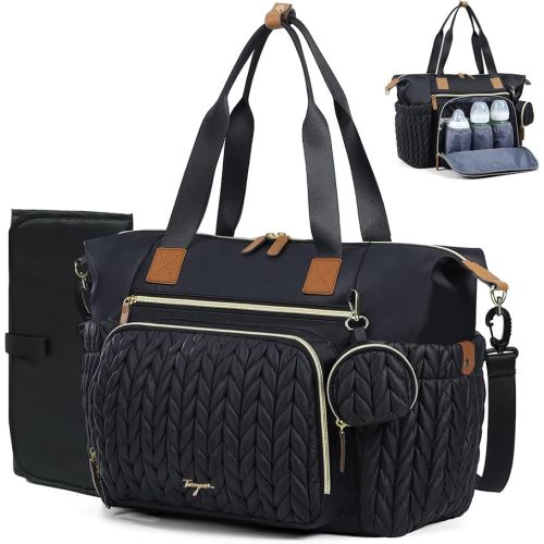 Diaper Bag Tote, Large Diaper Bags Waterproof, Hospital Bag for Labor Delivery, Baby Bag with Pacifier Case, Travel Diaper Tote with Changing Pad, Black