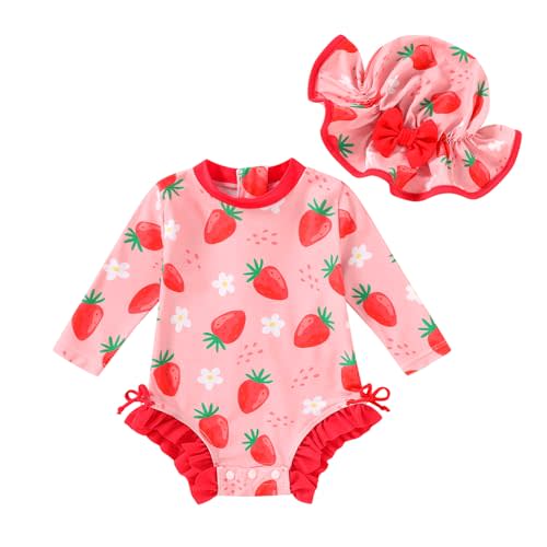 Infant Baby Swimsuit Girl Long Sleeve UPF 50+ Sun Protection One-Piece Rash Guard with Hat Zipper Bathing Suit