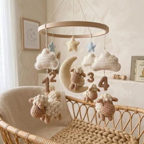 Counting Sheep Baby Mobile | Crochet Sheep Crib Mobile | Moon Cloud Nursery Decor | Handmade Lamb Mobile | Baby Shower Gift | L92M
