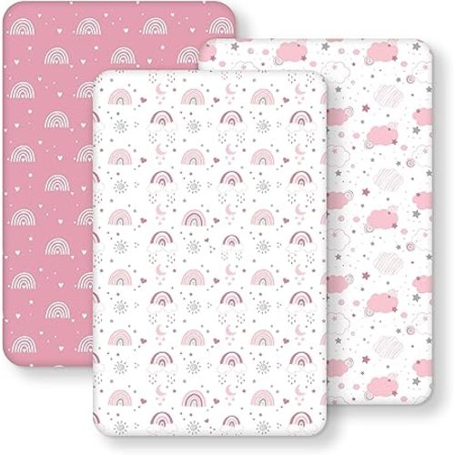 Baby Bedside Bassinet Sheets Fitted Girl, 33”x20” Compatible with Baby Delight Dream On Me & Most Rectangle Bedside Sleeper Bassinet Mattresses, Super Soft Microfiber Pink Rainbow