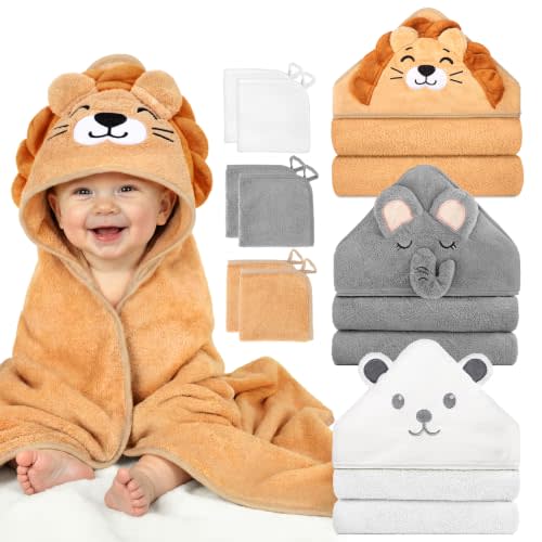 9 PCS Baby Bath Towels Set for Newborn Essentials (Lion, Bear, Elephant) | 3 PCS Animal Hooded Baby Towels, 6 PCS Washcloths Set, Ultra Absorbent Soft, Cute Infant Essentials, Gift for Boys & Girls