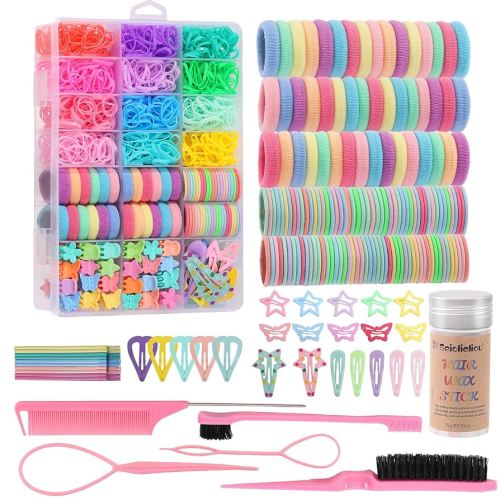 Hair Accessories for Girls, 1350P Colorful Hair Ties Set with 72P Hair Clips, Bobby Pins for Toddlers, Hair Wax Stick, Butterfly Hair Clips for Kids, Hair Barrettes with Hair Comb Set & Organizer Box