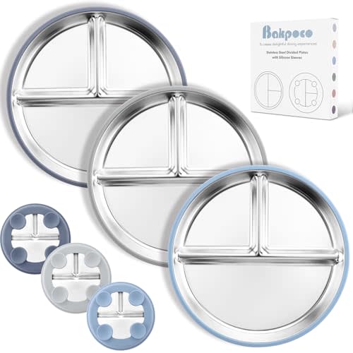 Bakpoco Stainless Steel Suction Plates for Toddlers, 9" Divided Kids Baby Plates with Removable Silicone Suction, Non Toxic Non Slip Portion Control Snack Dishes 3 Packs, Blue Gray Navy