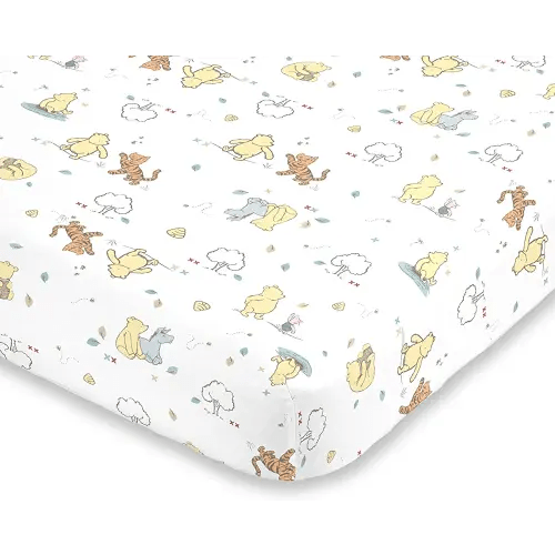 Disney Winnie The Pooh Classic Pooh 100% Cotton Fitted Mini Crib Sheet, Ivory, Butter, Aqua, Orange , 38x24x6 Inch (Pack of 1)