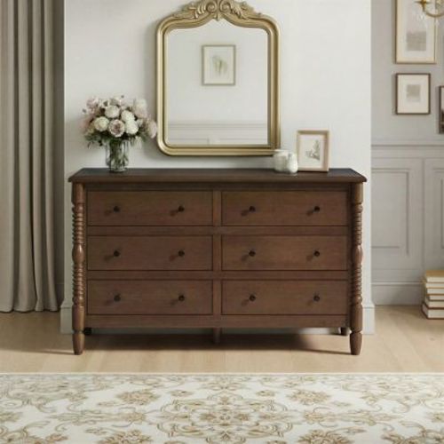 Walker Edison Easy Assembly Solid Wood 5 Drawer Spindle Chest Dark Brown 6-Drawer