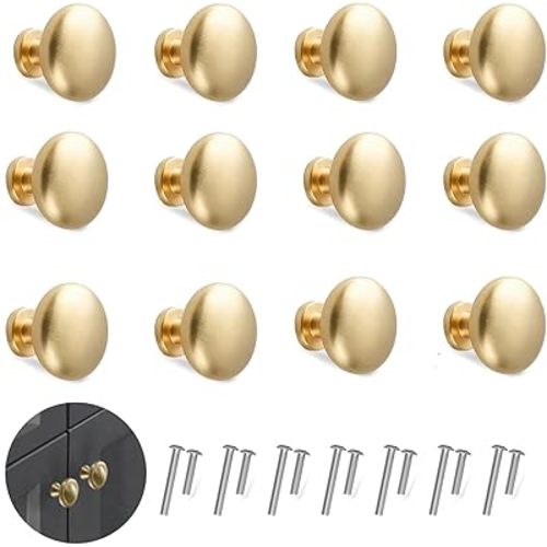 12PCS Cabinet Knobs, Gold Drawer Pulls Cabinet Knobs Inway, Round Drawer Knobs Cabinet Hardware with Screws for Kitchen Bedroom Furniture Gold