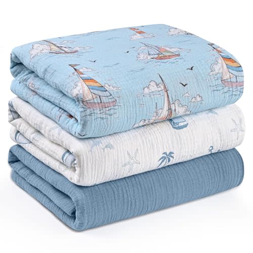 Muslin Swaddle Blankets for Newborn, 3 Pack Breathable Soft Receiving Blanket, Large 38 x 40 inches Swaddle Wrap Burping Clothes, Essentials Infant Shower Items, Toddler Gift (Blue Sea)