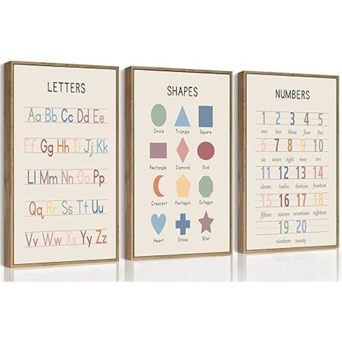 3Pcs Nursery Educational Wall Art Preschool Education Letter Number Posters Painting Pictures Wall Decor Canvas Prints artwork for Classroom Baby Boy's Baby Girl's Room Home Decoration Unframed