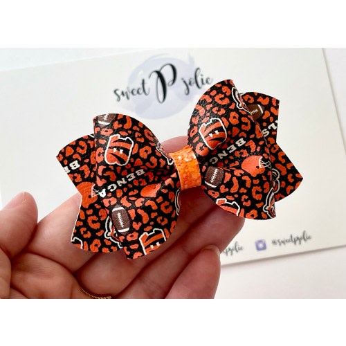 Cincinnati Ohio Inspired Team Leopard Print Faux Leather + Glitter Hair Bow // Pro Football Headband Hair Clip // Girls Toddler Headband