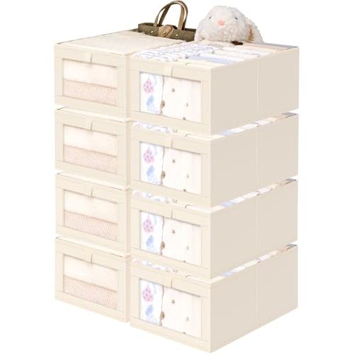 Criusia Beige Linen Closet Organizers and Storage, 8 Pack Foldable Mesh Window Large Linen Closet Baskets