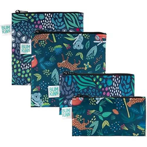Bumkins - Cloth Snack & Sandwich Bags - For Storage, Travel, Food Prep, Lunch - Reusable, Water Resistant, Washable, Dishwasher Safe - Snack Bags for Kids - Zipper Closure - Jungle - 4 Pack