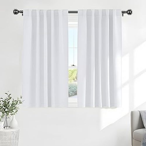 PONY DANCE White 50% Lighting Blocking Curtains for Kitchen, Short Non-See-Through Thermal Insulated Room Darkening Back Tab Small Drapes for Nursery Bedroom Window, W42 x L45, Pure White, 2 Panels