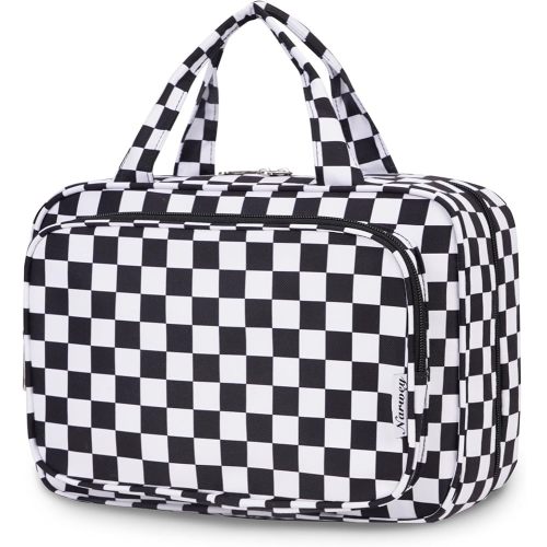 Narwey Travel Toiletry Bag for Women Large Hanging Makeup Bag Organizer Toiletries Bag for Full Size Essentials Accessories Cosmetics (Black Checkerboard (Large))