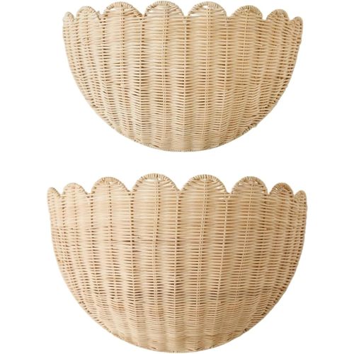 Scalloped Wall Hanging Shelves, Hand-Woven Wicker Wall Basket Decor, Boho Natural Rattan Decor – for Home, Living Room, Nursery Room (16 x 12 x 7 & 14 x 8 x 6 Inch)