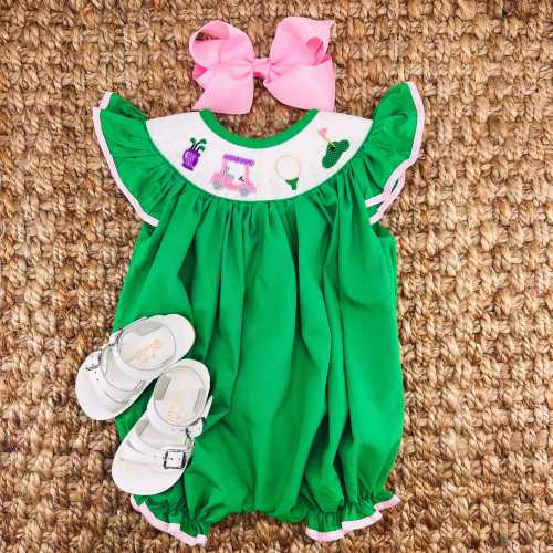 Smocked Golf Bubble Romper, Masters Green, Baby Girl, Heirloom 805 *B