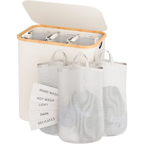 Laundry Hamper with Lid, 160L Dirty Clothes Hamper for Laundry Basket 3 Section, Extra Large Laundry Sorter Hamper 3 Compartment with Removable Inner Bags & Labels, Beige