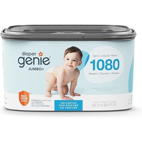 Diaper Genie Jumbo+ Square Refill, with continuous film, can hold up to 1080 newborn-sized diapers per refill. | Only compatible with Diaper Genie Select Pail