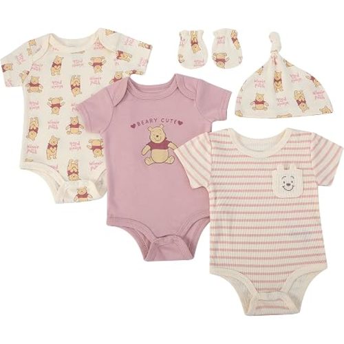 Magic Threadz Clothes Baby Girls 3-Pack Bodysuit Set with Hat and Mittens – Soft Cotton Minnie & Pooh Outfits (0M–9M)
