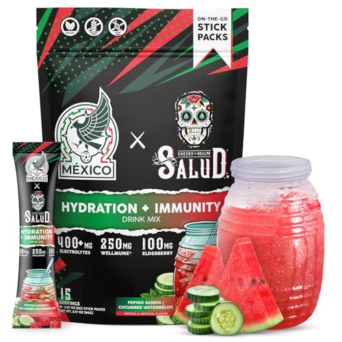 Salud x México 2-in-1 Hydration + Immunity Drink Mix, Cucumber Watermelon | Electrolytes Powder, Agua Fresca, Elderberry, Dairy & Soy Free, Non-GMO, Gluten Free, Vegan, 1g Sugar (15 Servings)