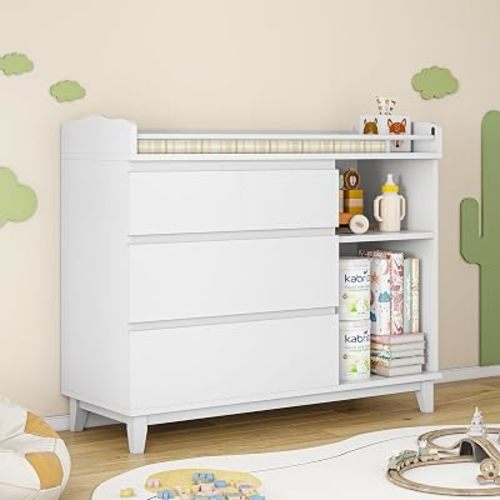 iPormis Baby Changing Table with 4 Drawers & 2 Open Shelves, Multi-Functional Nursery Changing Station with Storage, Pearl White