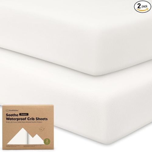 2-Pack Waterproof Crib Sheets for Boys, Girls - 52x28 Fitted Organic Cotton Baby Crib Sheets, Toddler Mattress Protector Cover, Washable, Soft & Durable Baby Bedding Essentials (Soft White)